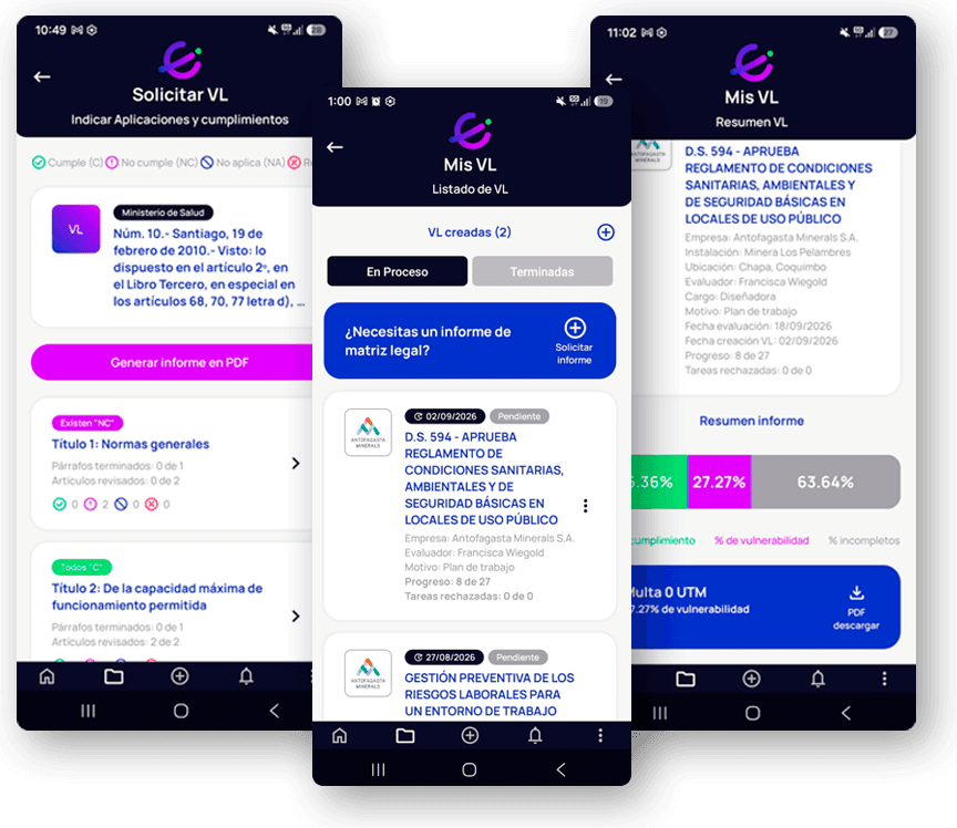 Tres pantallas de la app C-Legal: Solicitar VL, Mis VL y Resumen VL.
